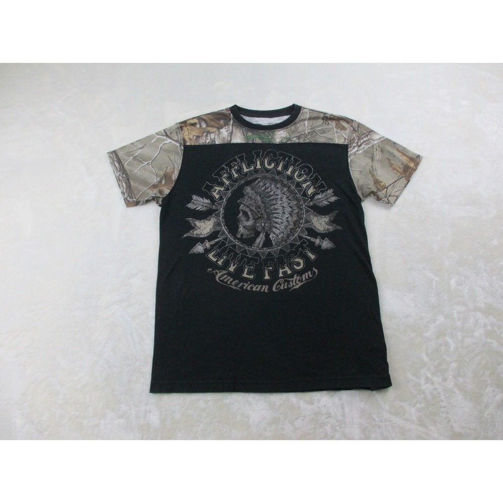 Affliction Shirt Mens Medium Black Skull Indian Realtree Camo Live‎ Fast Grunge*